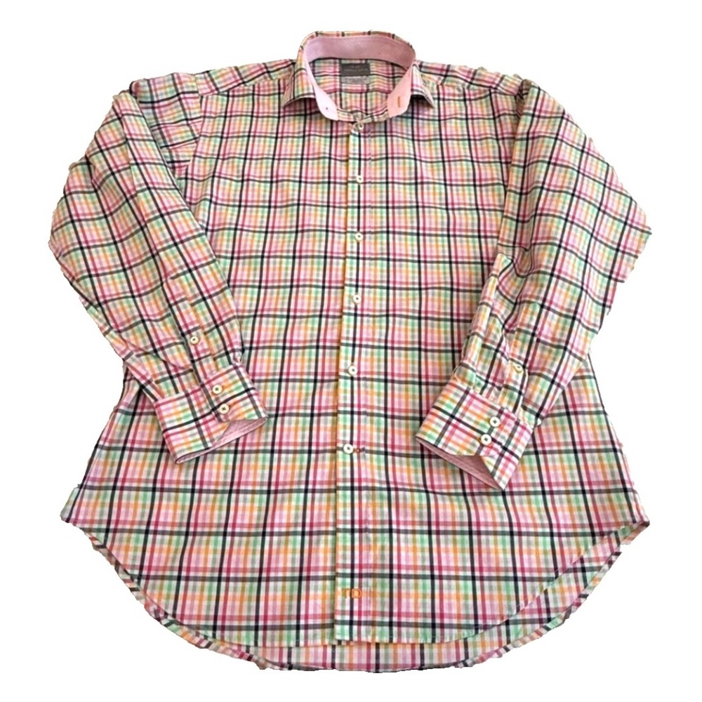 Thomas Dean TD Cotton Pastel Button Up Dress Shirt; Plaid/Check; Men's Size Med